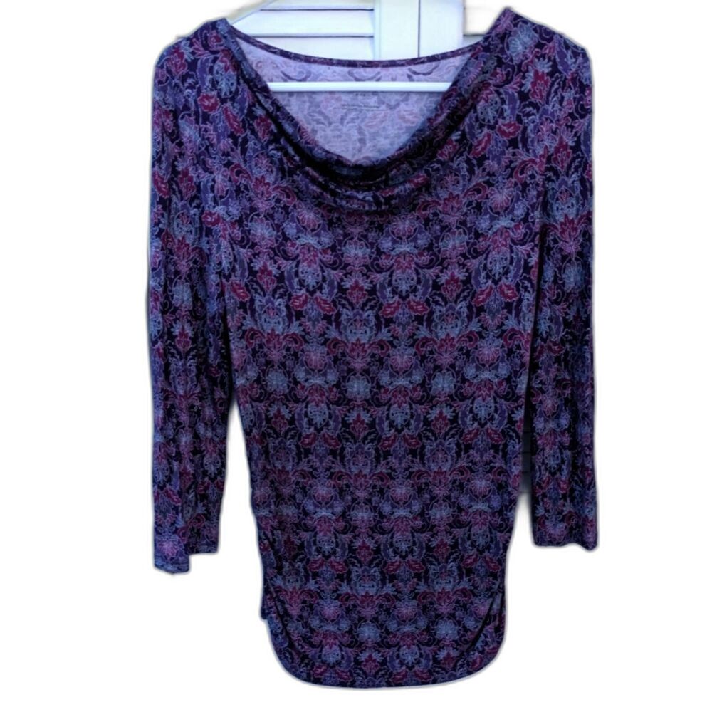 TALBOTS Top Women's S Purple Artsy Print Waterfall Neck Soft as Butter! Comfy
